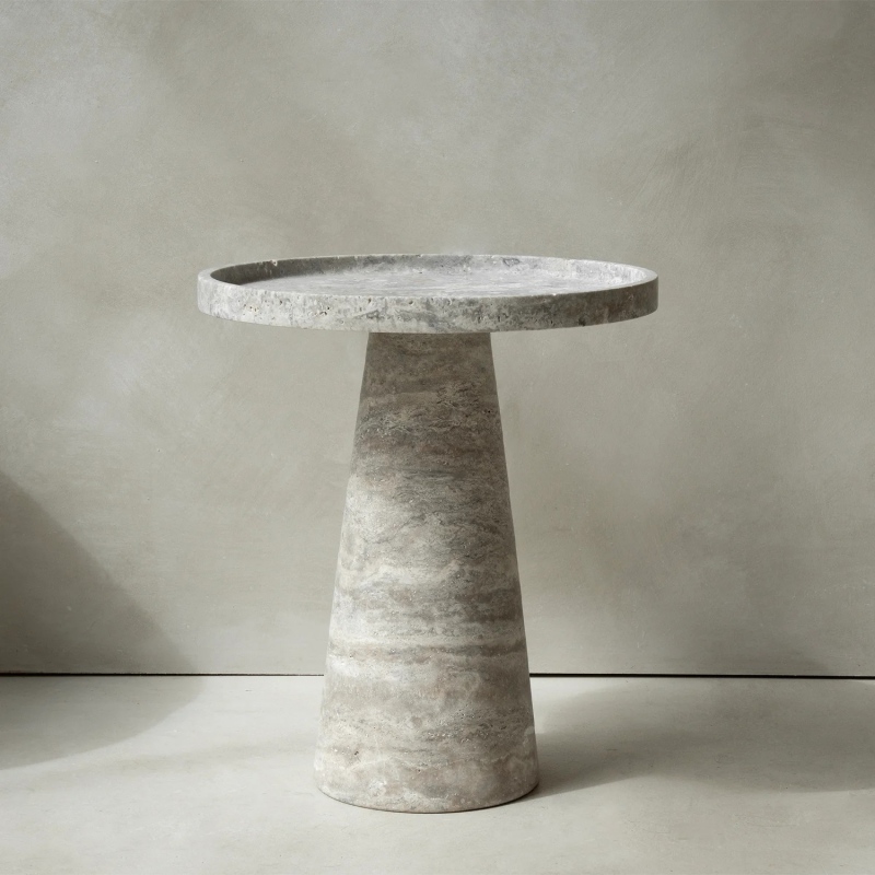 Silver Travertine Round Top Side Table