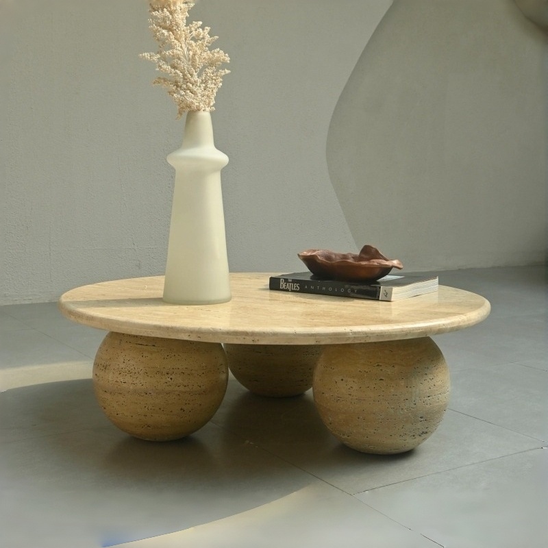 Beige Travertine Round Coffee Table