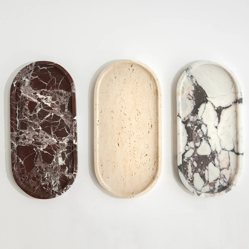 Set of 3 oval marble trays in varied patterns (burgundy/cream/white-purple) - multi-purpose serving & display trays