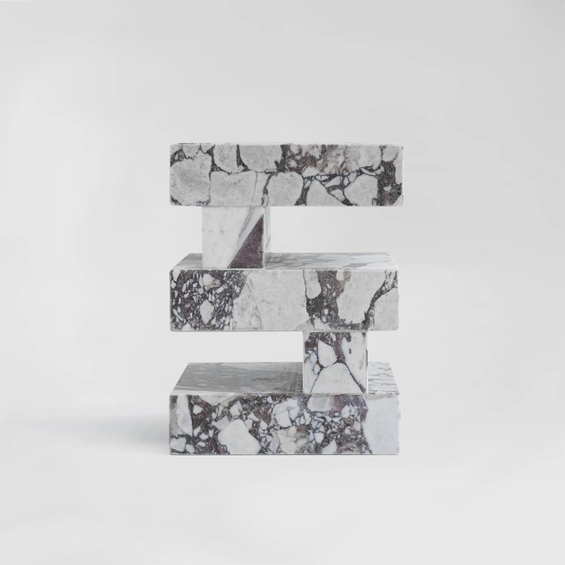 Stacked marble side table with white-purple-black veining - modern luxury stone furniture