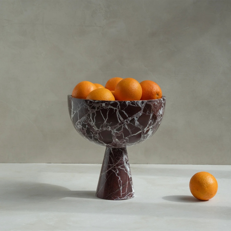 Burgundy veined marble pedestal fruit bowl - decorative serving bowl with oranges for kitchen counter