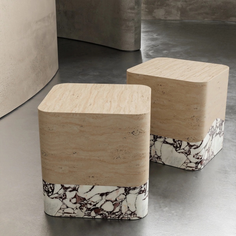 Pair of Travertine & Calacatta Voila Marble side tables - mixed-material accent furniture for modern spaces