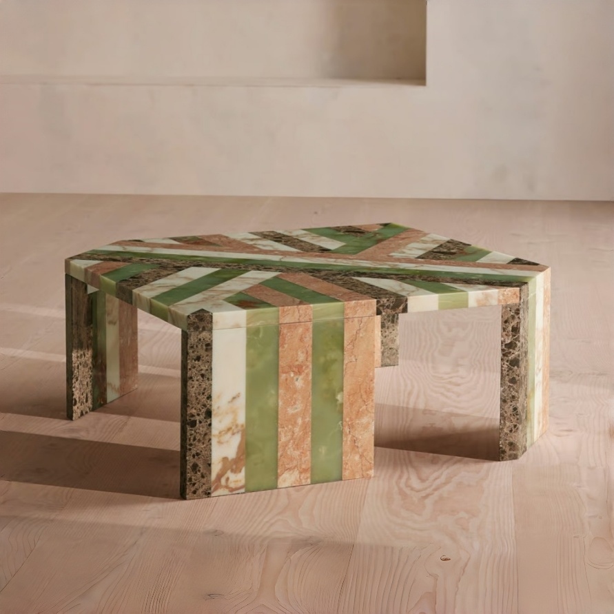 Modern Multi-Marble Composition Coffee Table - green terracotta white geometric design living room furniture