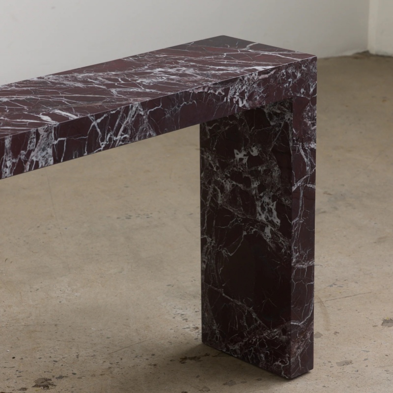 Close-up of marble console table - white veined natural stone texture detail