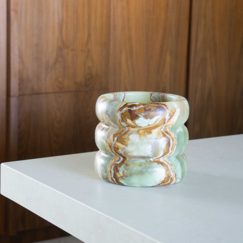 Green Onyx Ribbed Ice Bucket / Decor Vase on white table - natural stone art piece