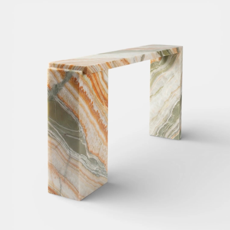 Side view of Rainbow Onyx Console Table - natural layered stone pattern detail