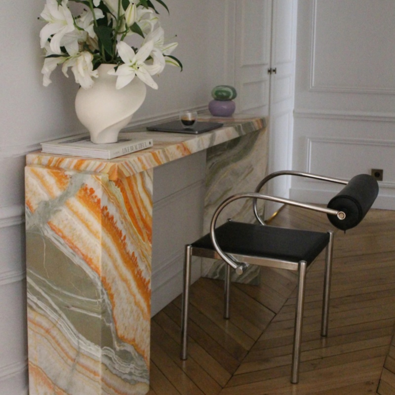 Rainbow Onyx Console Table styled with decor - modern entryway accent furniture