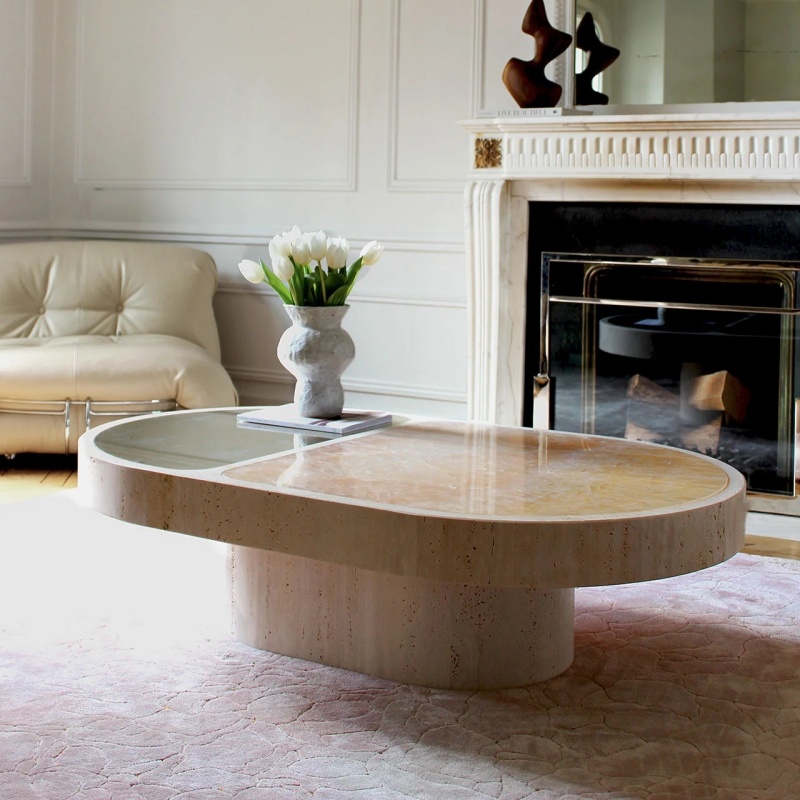 Travertine & Onyx Coffee Table styled with white tulips