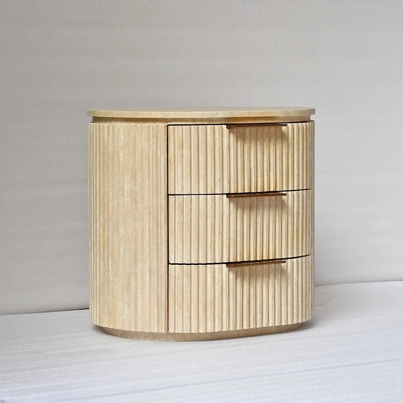 Travertine Round Nightstand with ribbed fluted drawers and brass handles - minimalist bedroom furniture