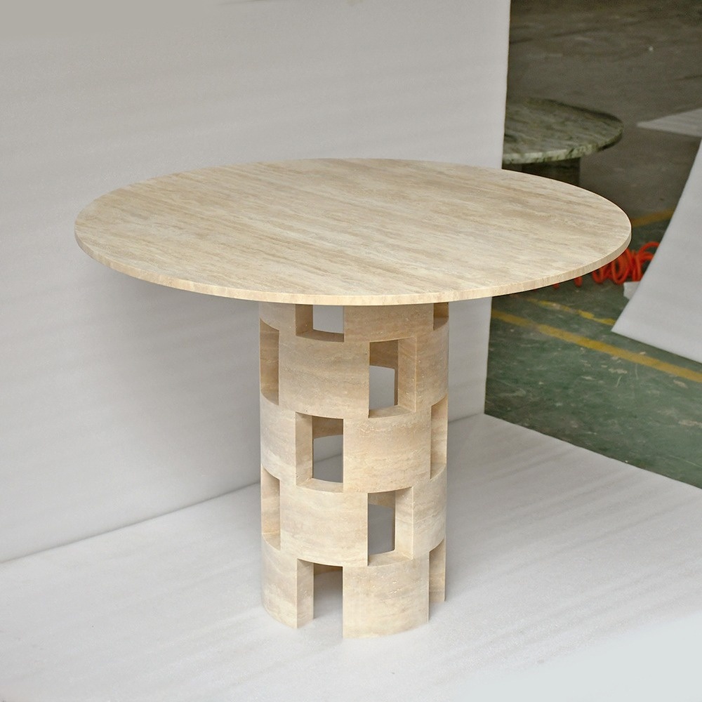 Natural Travertine Round Pedestal Dining Table - Organic Modern Dining Room Centerpiece