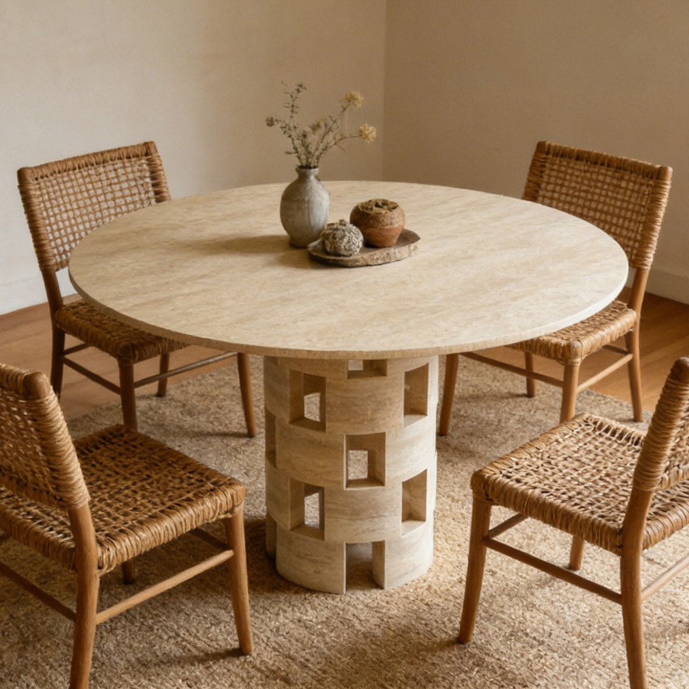 Sculptural Travertine Dining Table with Openwork Cylindrical Pedestal - Minimalist Luxury Design