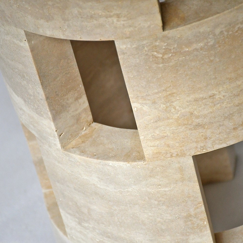 Round Travertine Dining Table Styled in Wabi-Sabi Dining Room with Rattan Chairs