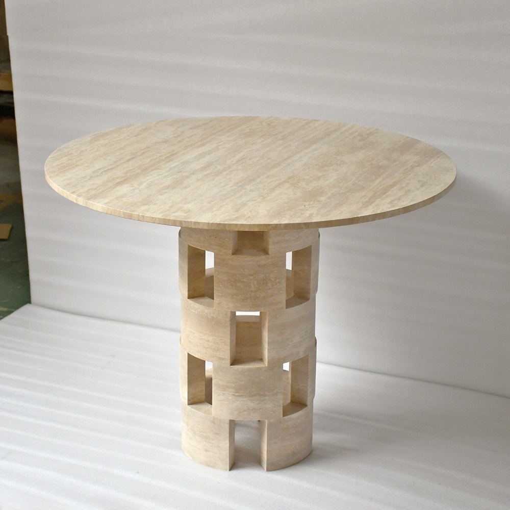 Travertine Round Dining Table with Geometric Openwork Cylindrical Base - Modern Sculptural Dining Furniture