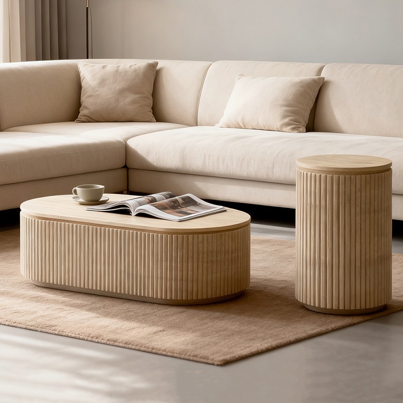 Round travertine fluted side table - natural stone minimalist living room decor