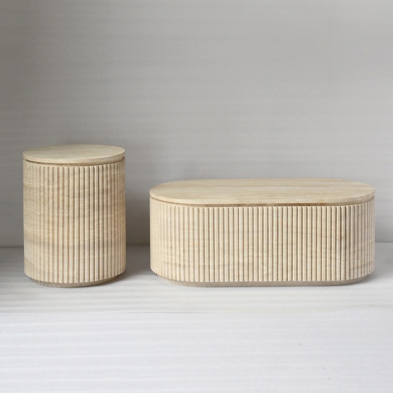 Travertine Fluted Coffee Table Set - Oval & Round with ribbed sides, minimalist modern living room furniture