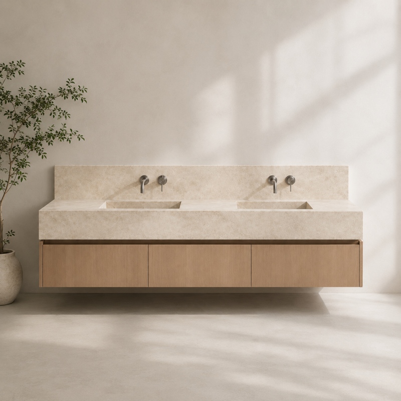 Japandi wabi-sabi double basin vanity made of natural Taj Mahal marble and light oak wood