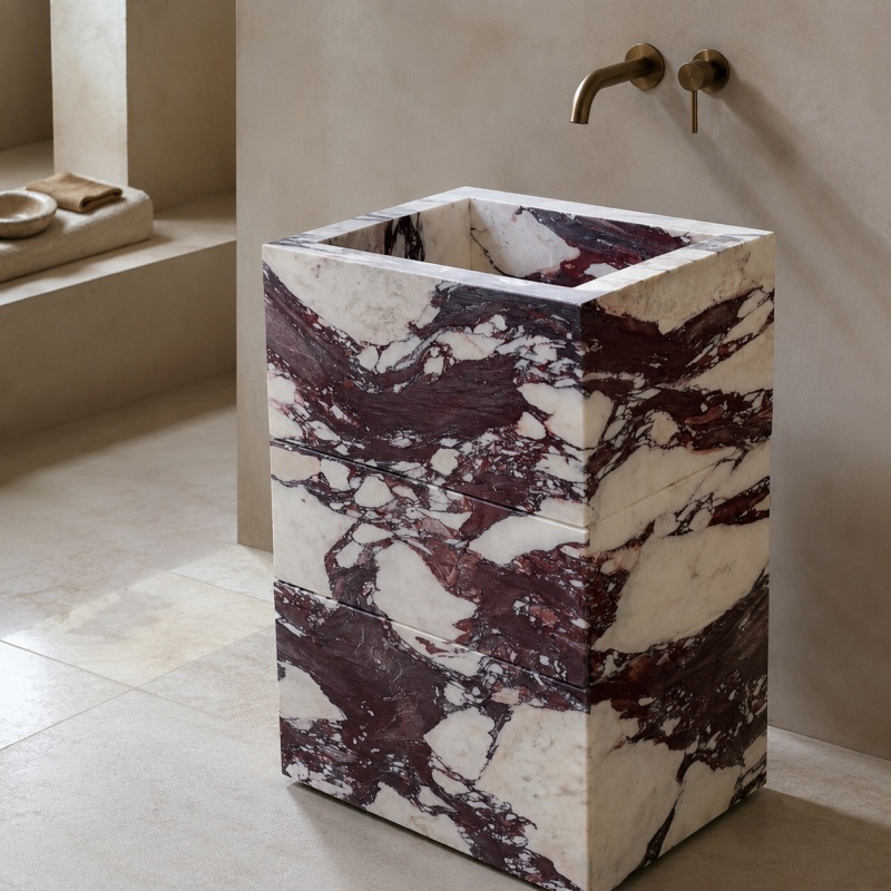 Modern luxury freestanding Calacatta Viola marble sink vanity for contemporary minimalist bathroom