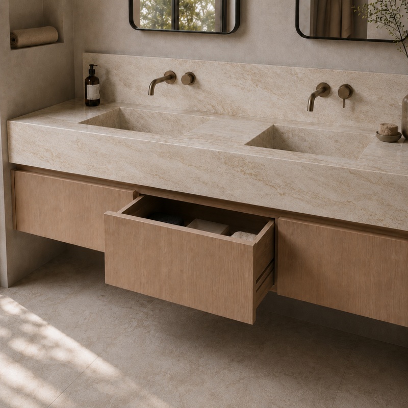 Luxury suspended Taj Mahal marble bathroom cabinet with pre-drilled wall faucet holes