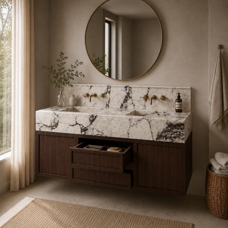 Luxury modern double basin vanity cabinet made of Calacatta Viola marble and dark walnut wood