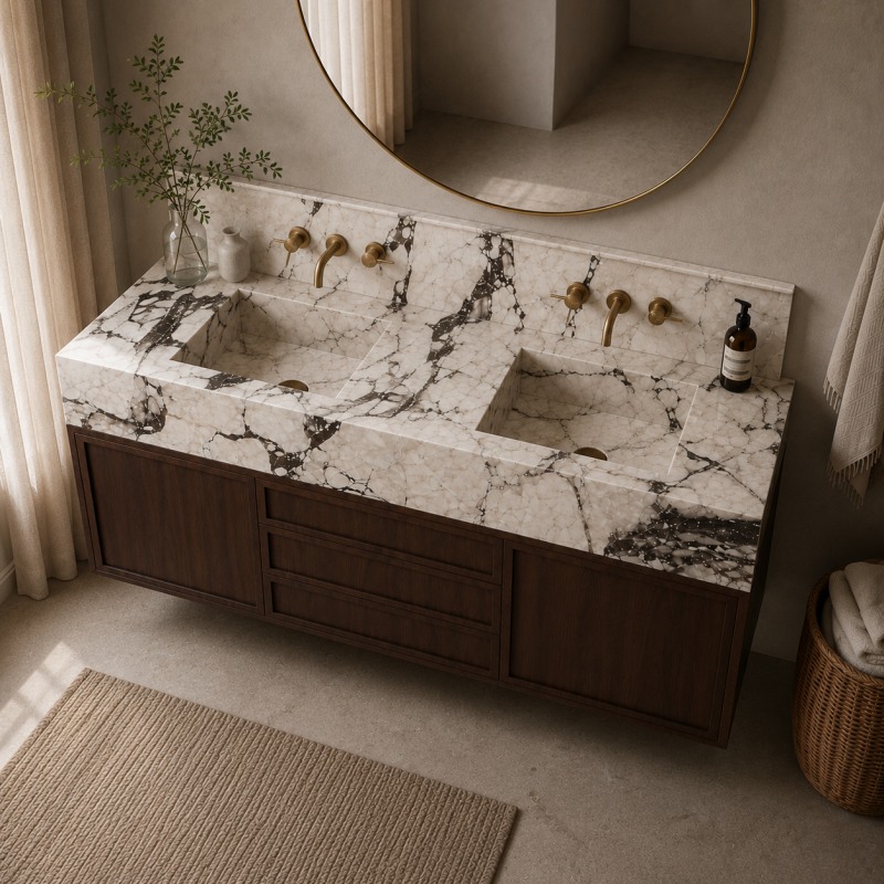 Freestanding Calacatta Viola marble bathroom vanity with full matching marble backsplash
