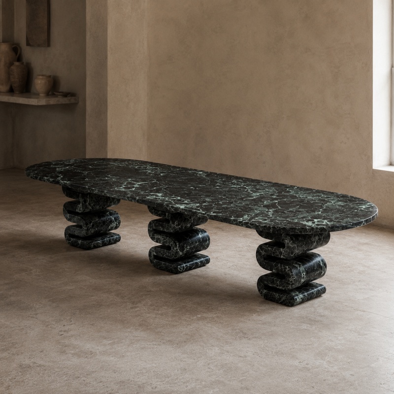 Close-up polished Verde Alpi marble table leg, dark emerald green base with fine white spider veining